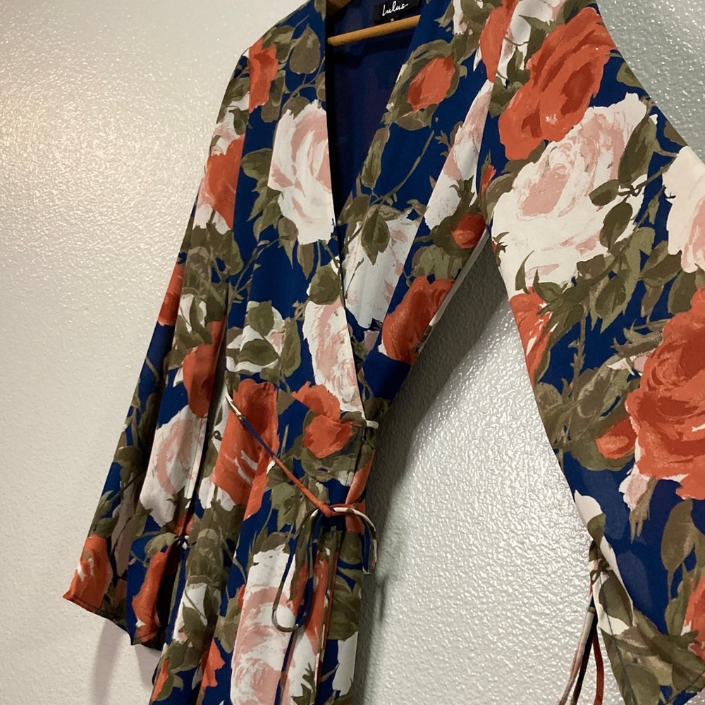 Lulu's Navy Floral Wrap Mini Dress with Coral Roses - Picture 5 of 11